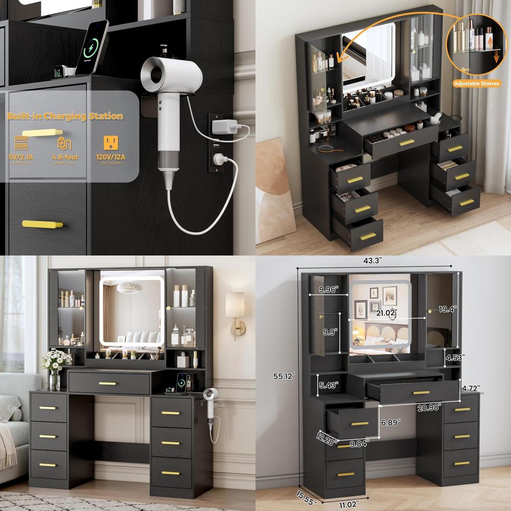 Desk Charging Station - 7 Çekmeceli, 2 Cam Dolaplı, Aynalı,
